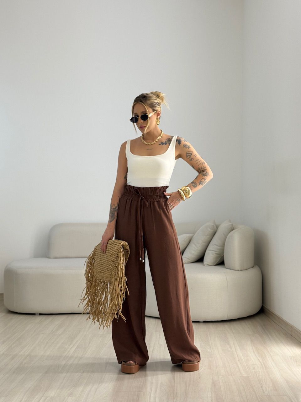 CALÇA MEL LASTEX MARROM