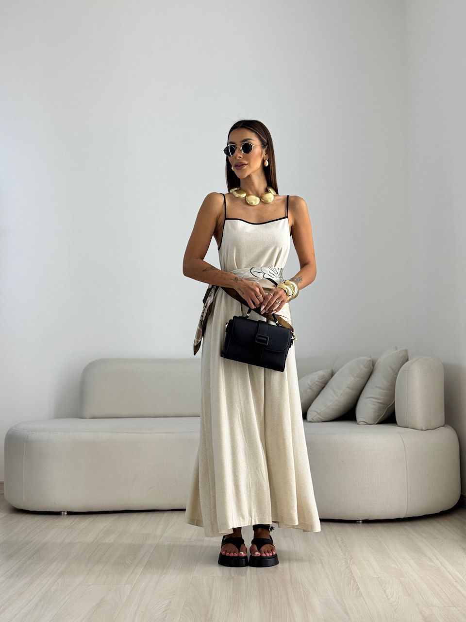 VESTIDO DIANA VIÉS CRU - 0070140132 - CAROLLA FERRARO