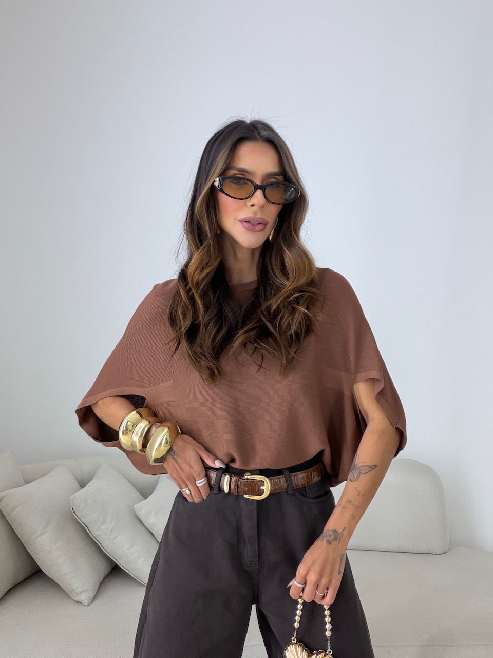 BLUSA GIANA MANGA MORCEGO MARROM