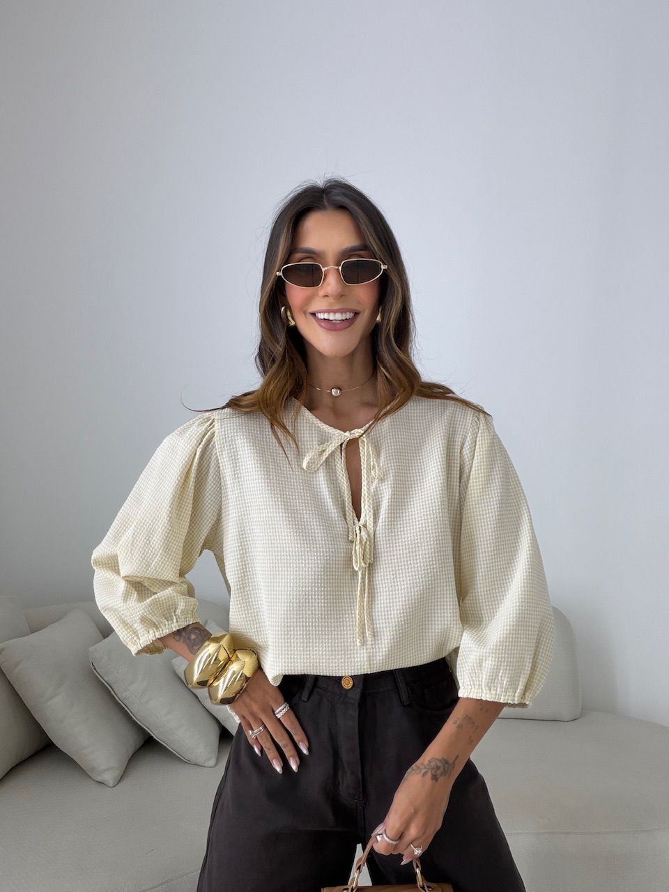 BLUSA NATÁLIA MANGA 3/4 AMARELA - 0081700112 - CAROLLA FERRARO