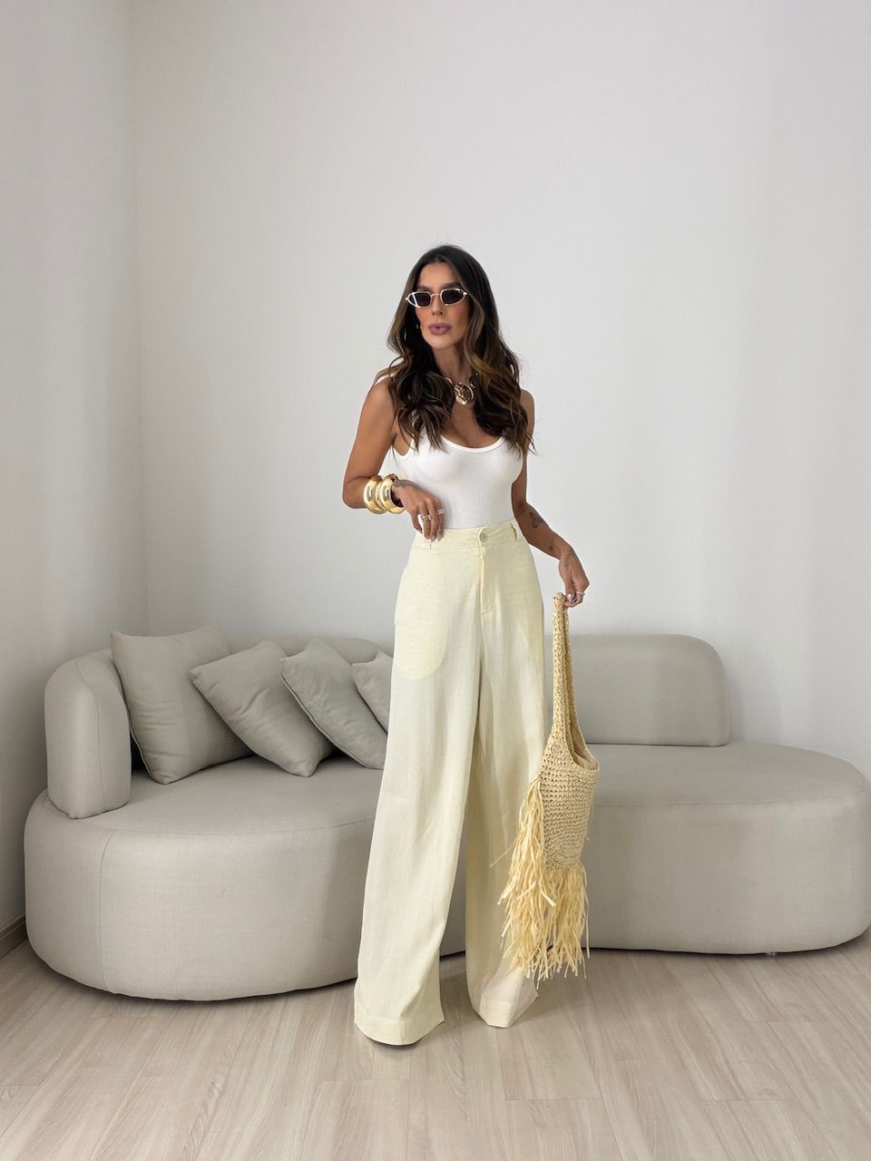 CALÇA EDILENE LINHO AMARELA