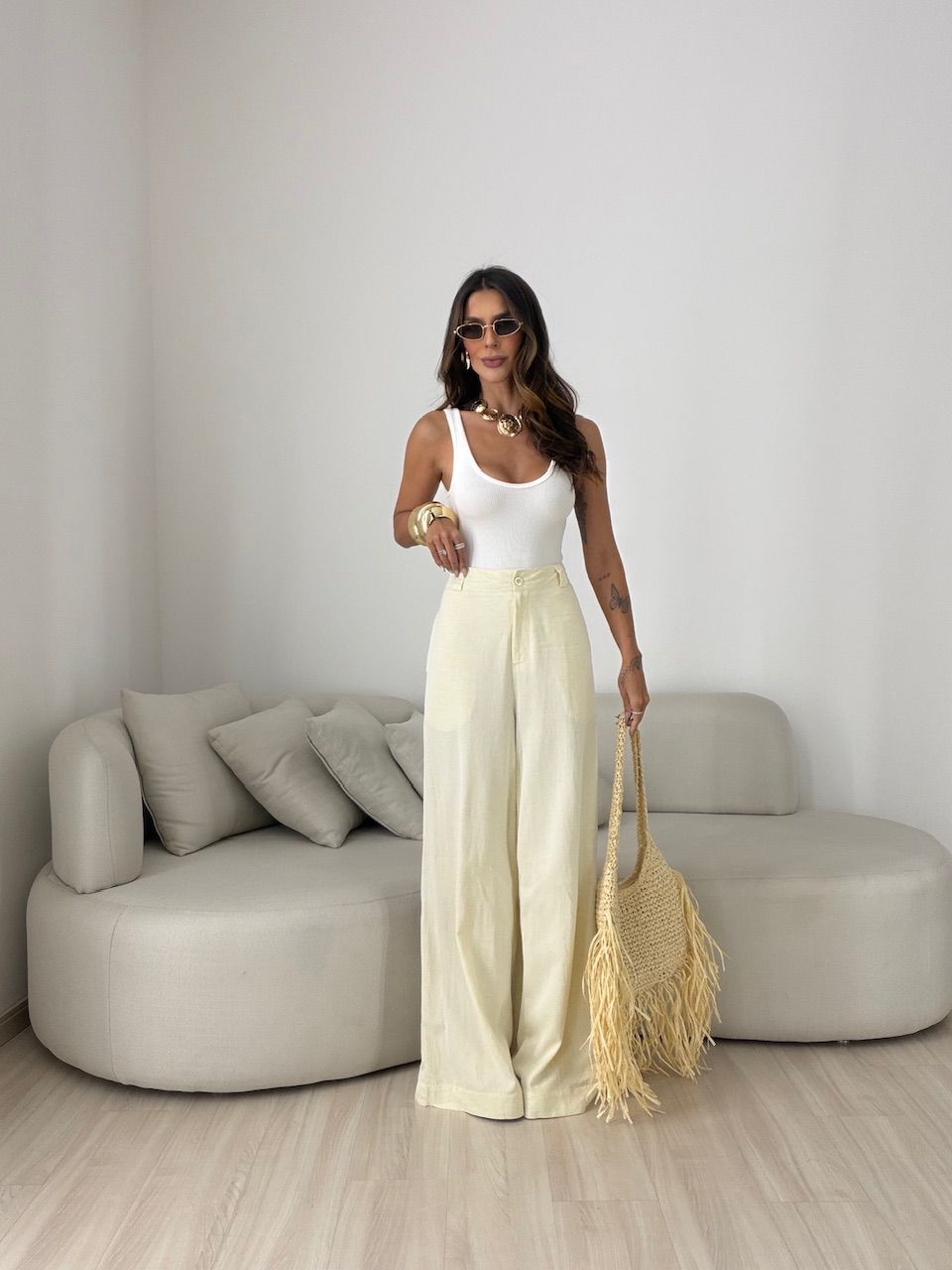 CALÇA EDILENE LINHO AMARELA