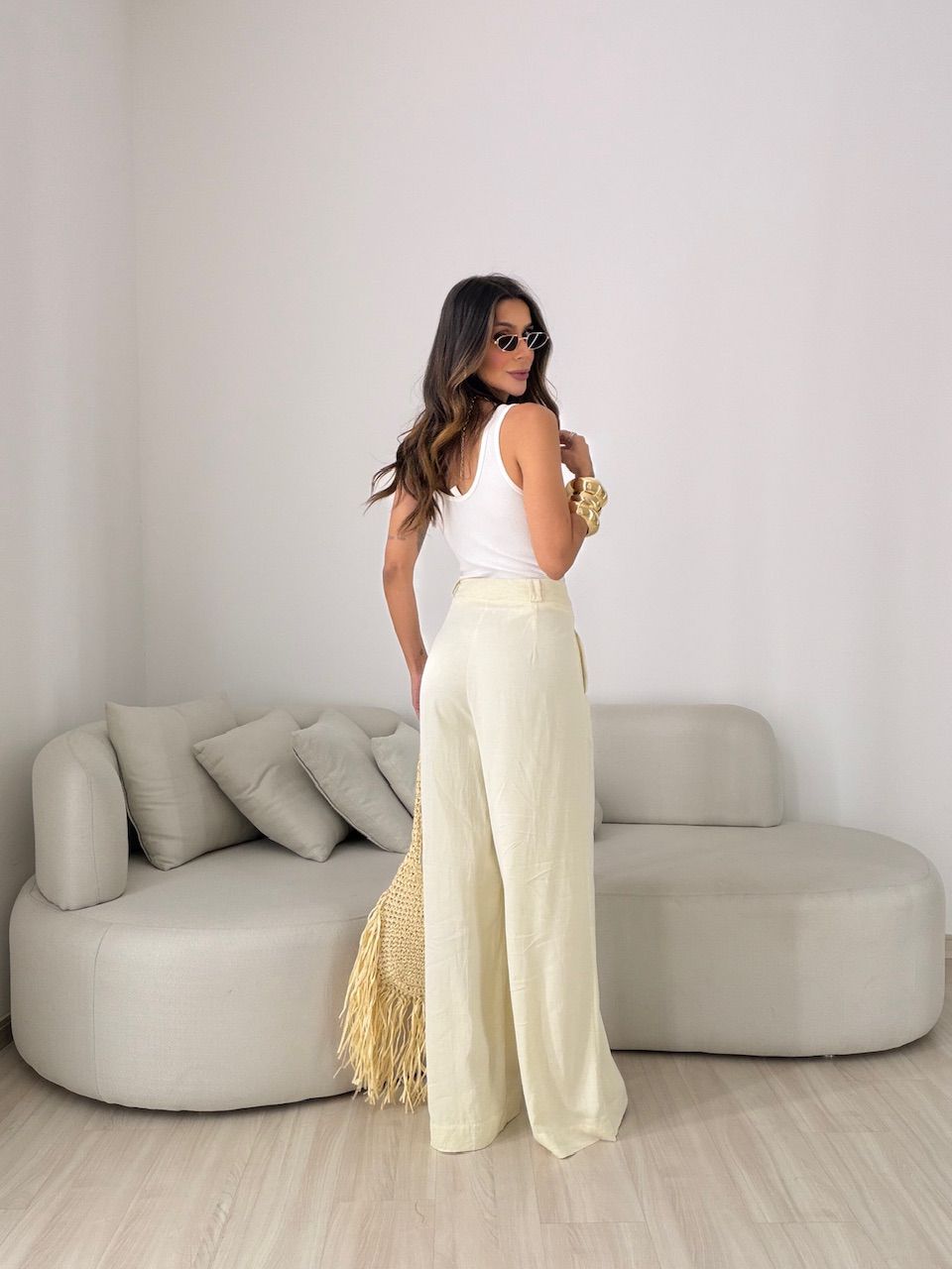 CALÇA EDILENE LINHO AMARELA