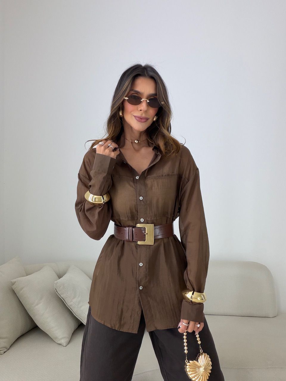 CAMISA BERENICE LISA MARROM - 0081880054 - CAROLLA FERRARO