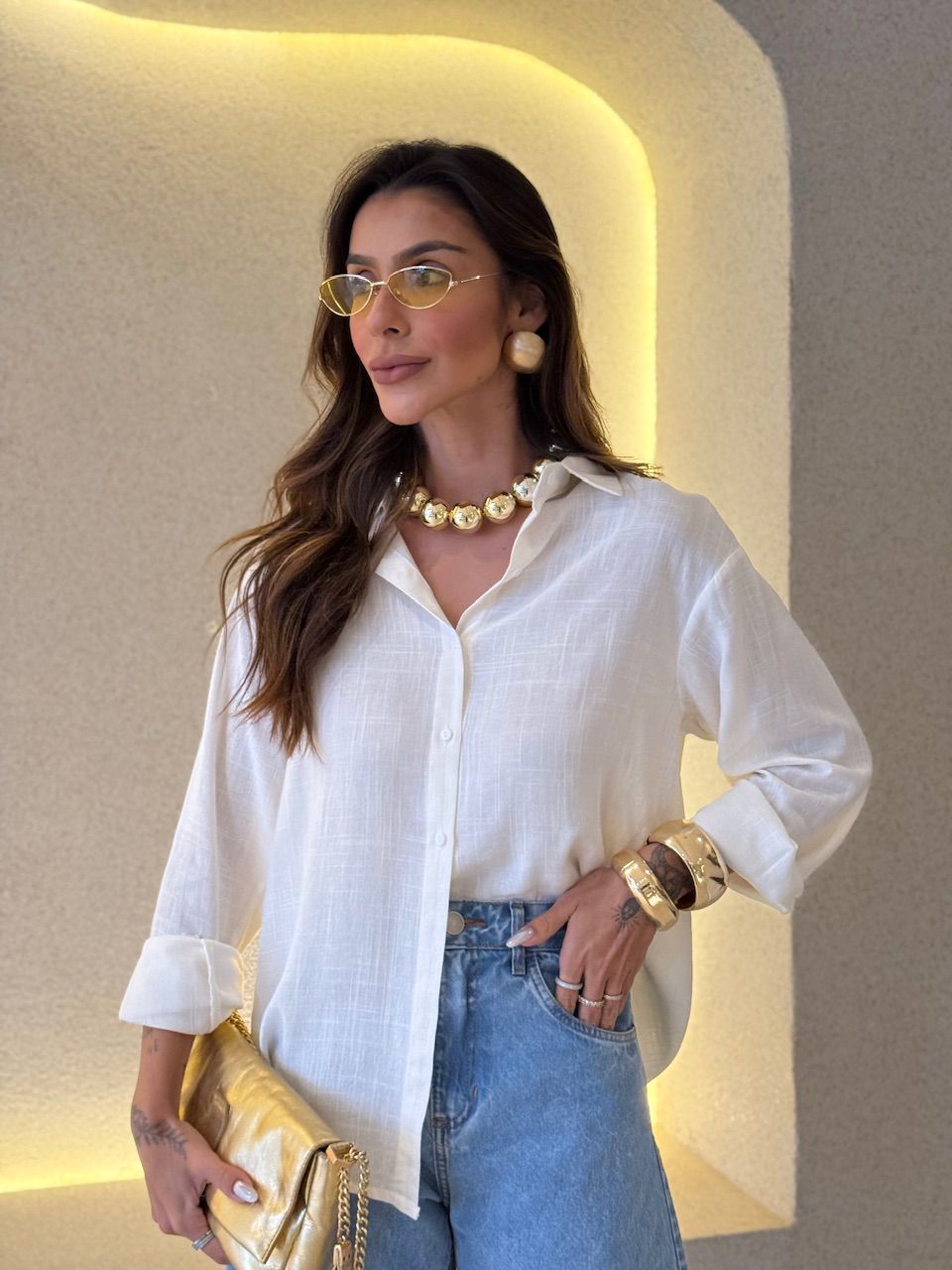 CAMISA MARIA LUIZA BÁSICA MARFIM - 0076160056 - CAROLLA FERRARO