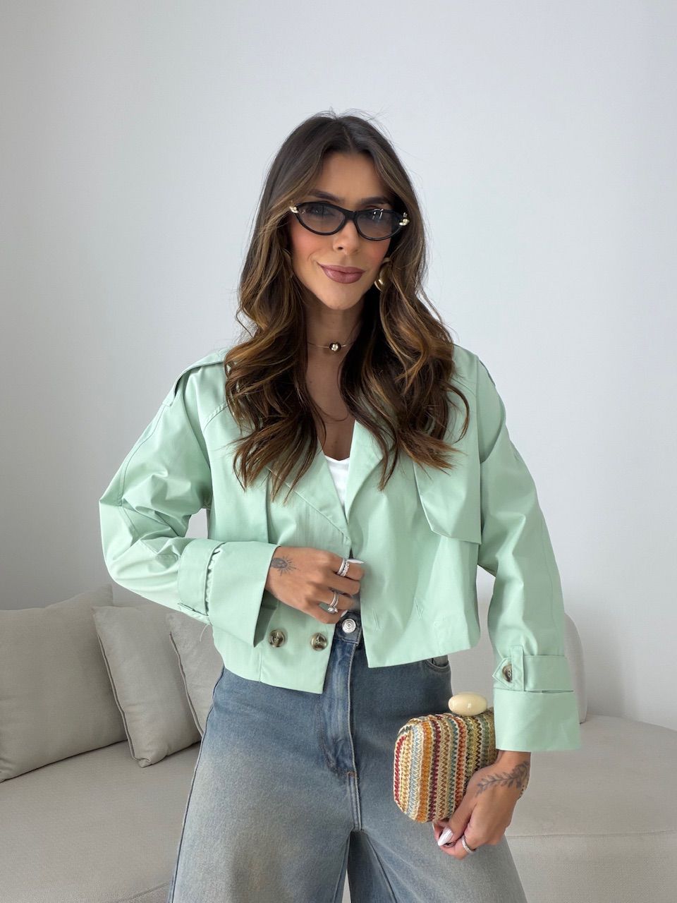 TRENCH COAT SERENA CROPPED VERDE - 0080780014 - CAROLLA FERRARO