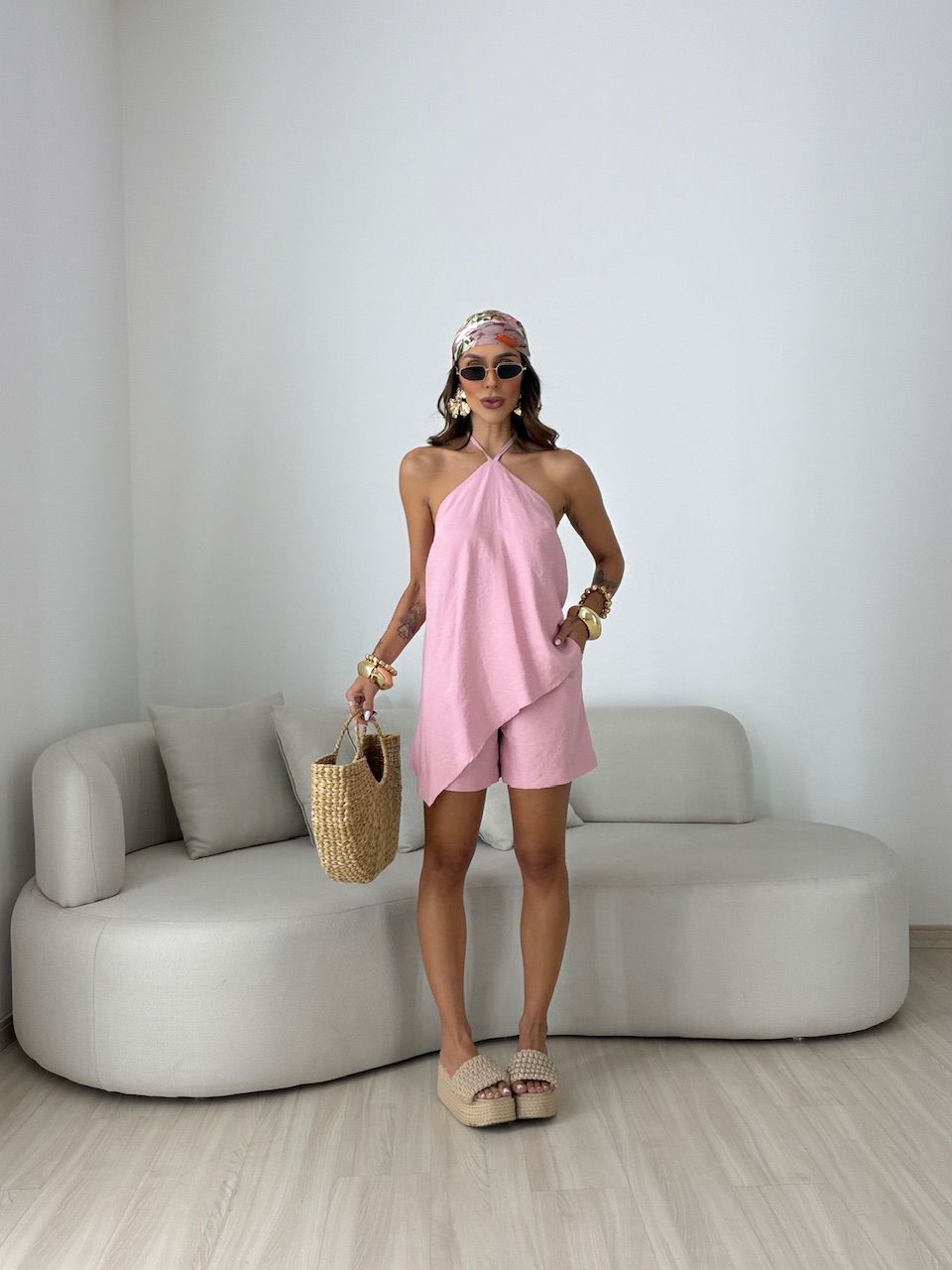 CONJUNTO CATARINA BLUSA ASSIMÉTRICA ROSA - 0080760... - CAROLLA FERRARO