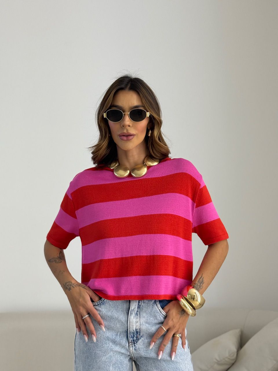 CROPPED ANA CLARA LISTRADO PINK/CEREJA - 007023038 - CAROLLA FERRARO