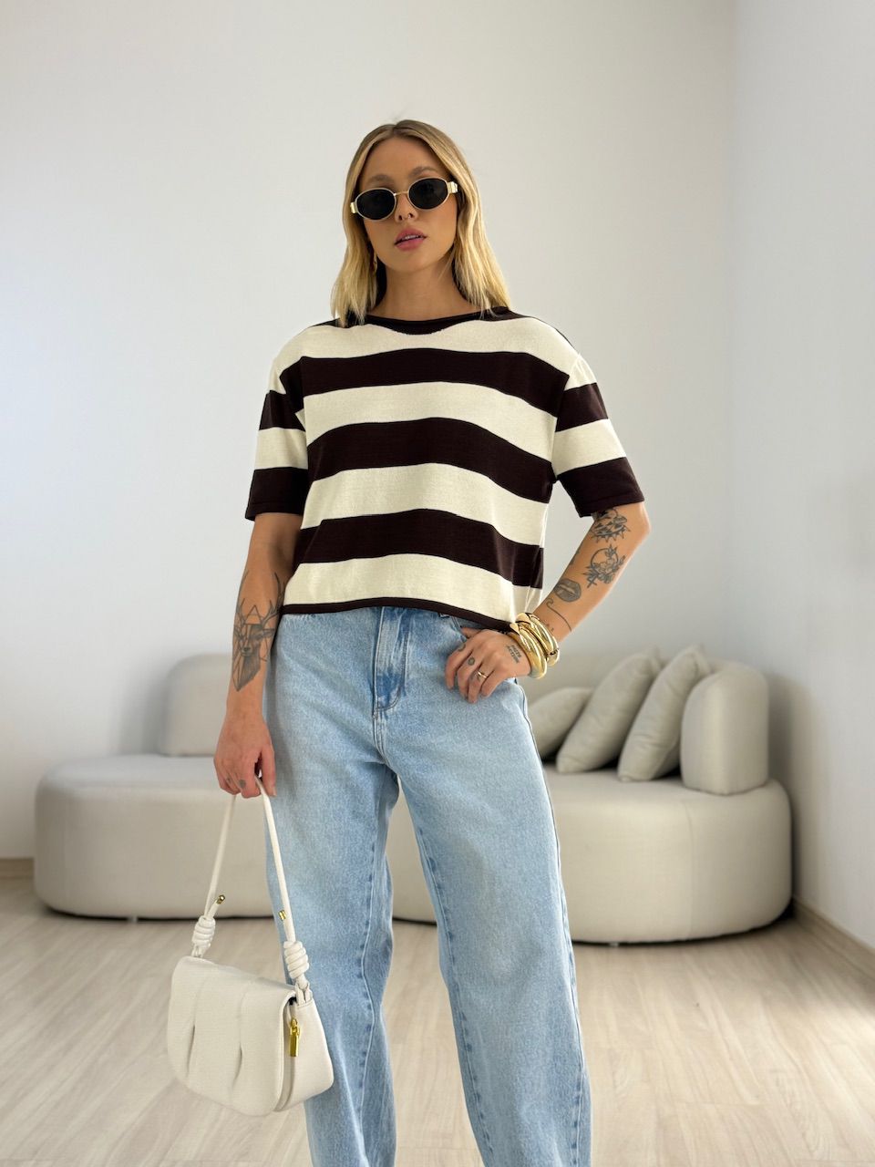 CROPPED ANA CLARA LISTRADO MARFIM/MARROM