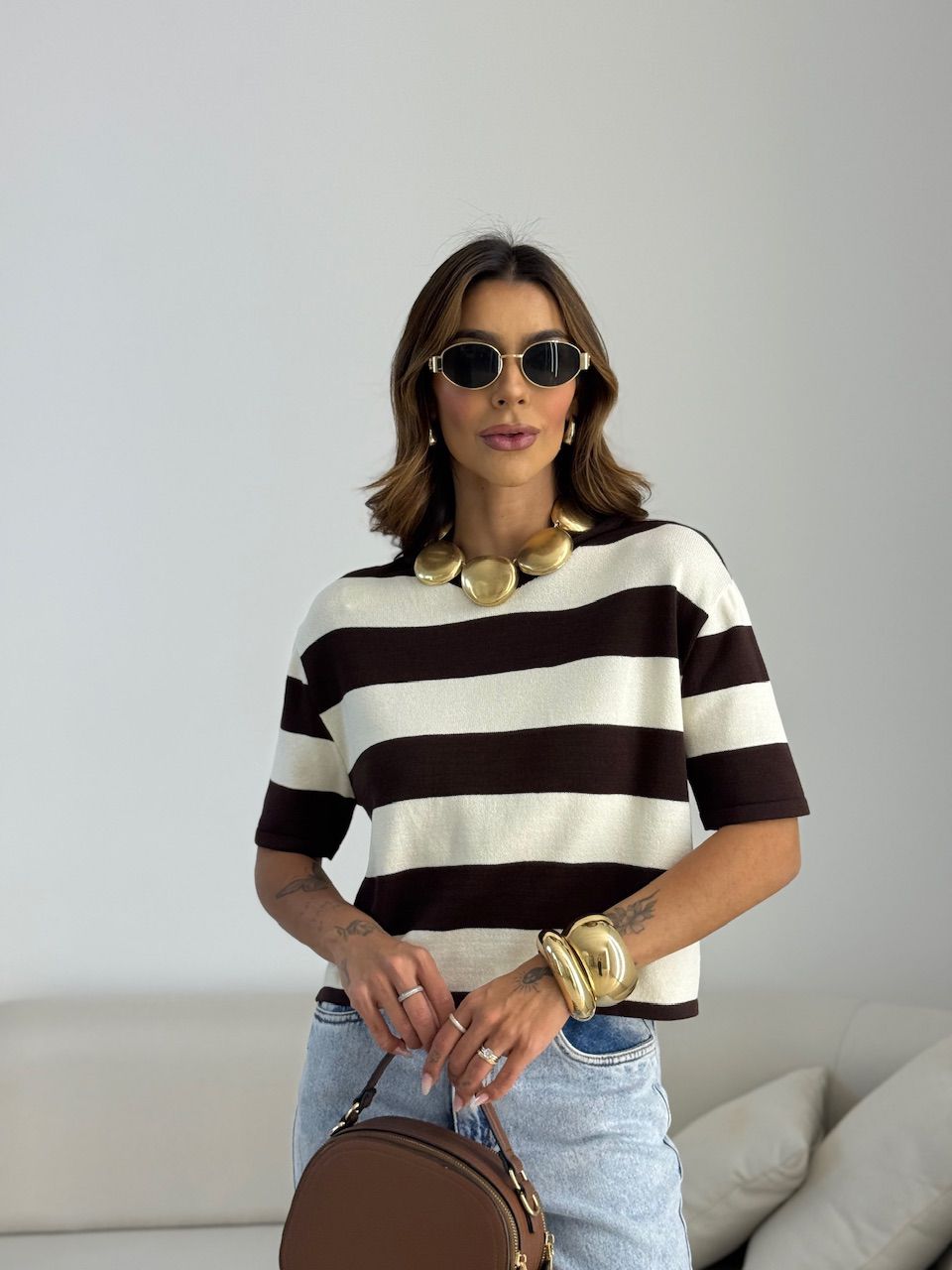 CROPPED ANA CLARA LISTRADO MARFIM/MARROM - 0070230... - CAROLLA FERRARO