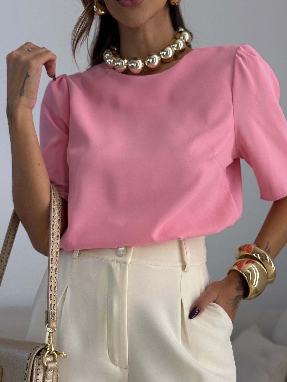 BLUSA MARIA LAURA MANGA CURTA ROSA