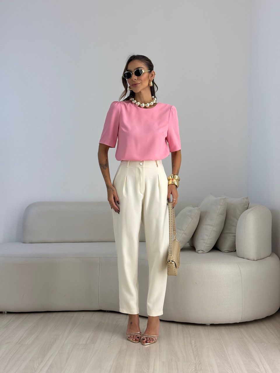 BLUSA MARIA LAURA MANGA CURTA ROSA