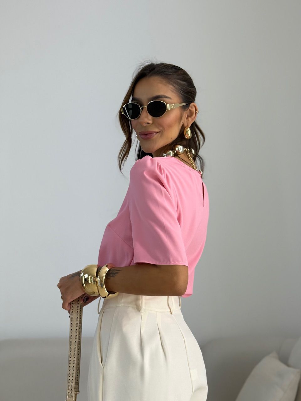 BLUSA MARIA LAURA MANGA CURTA ROSA