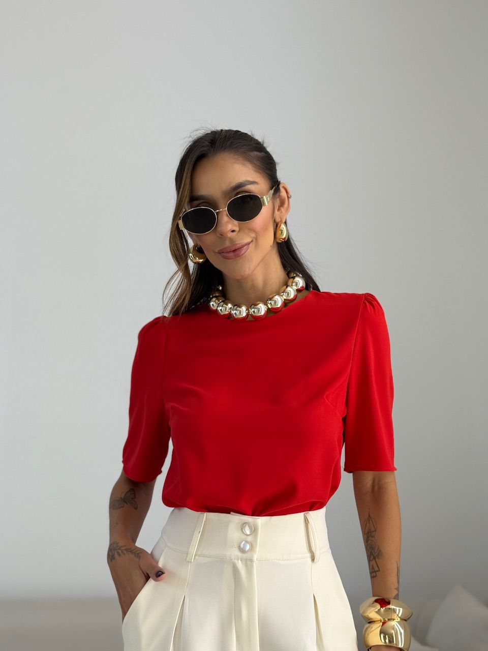 BLUSA MARIA LAURA MANGA CURTA VERMELHA - 007103000 - CAROLLA FERRARO