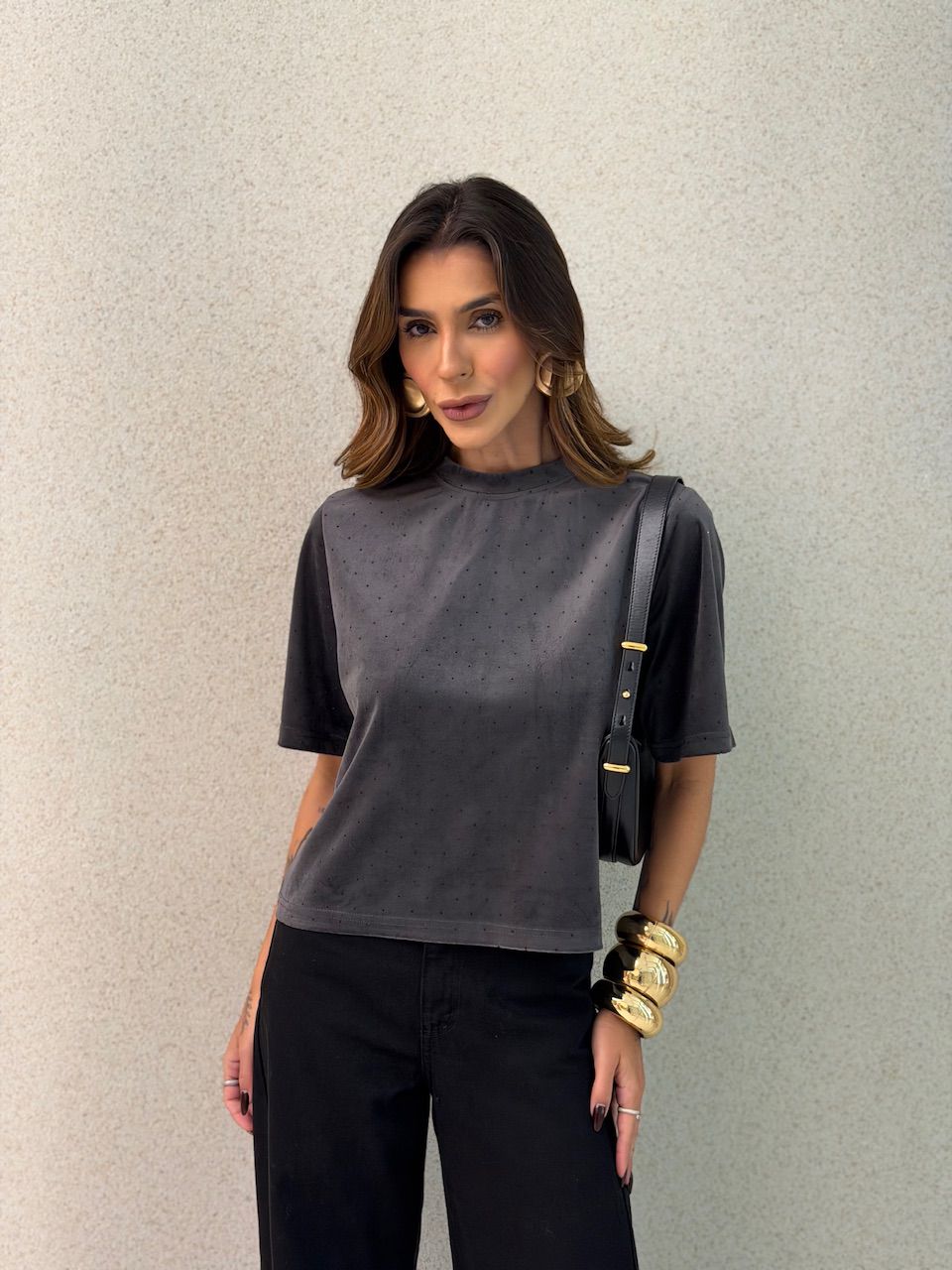 BLUSA CLARICE AVELUDADA CHUMBO - 0073780092 - CAROLLA FERRARO