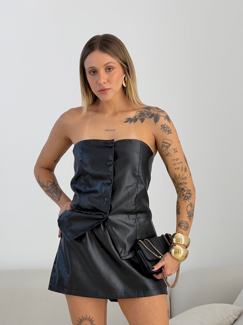 CONJUNTO REBECA COURO FAKE PRETO