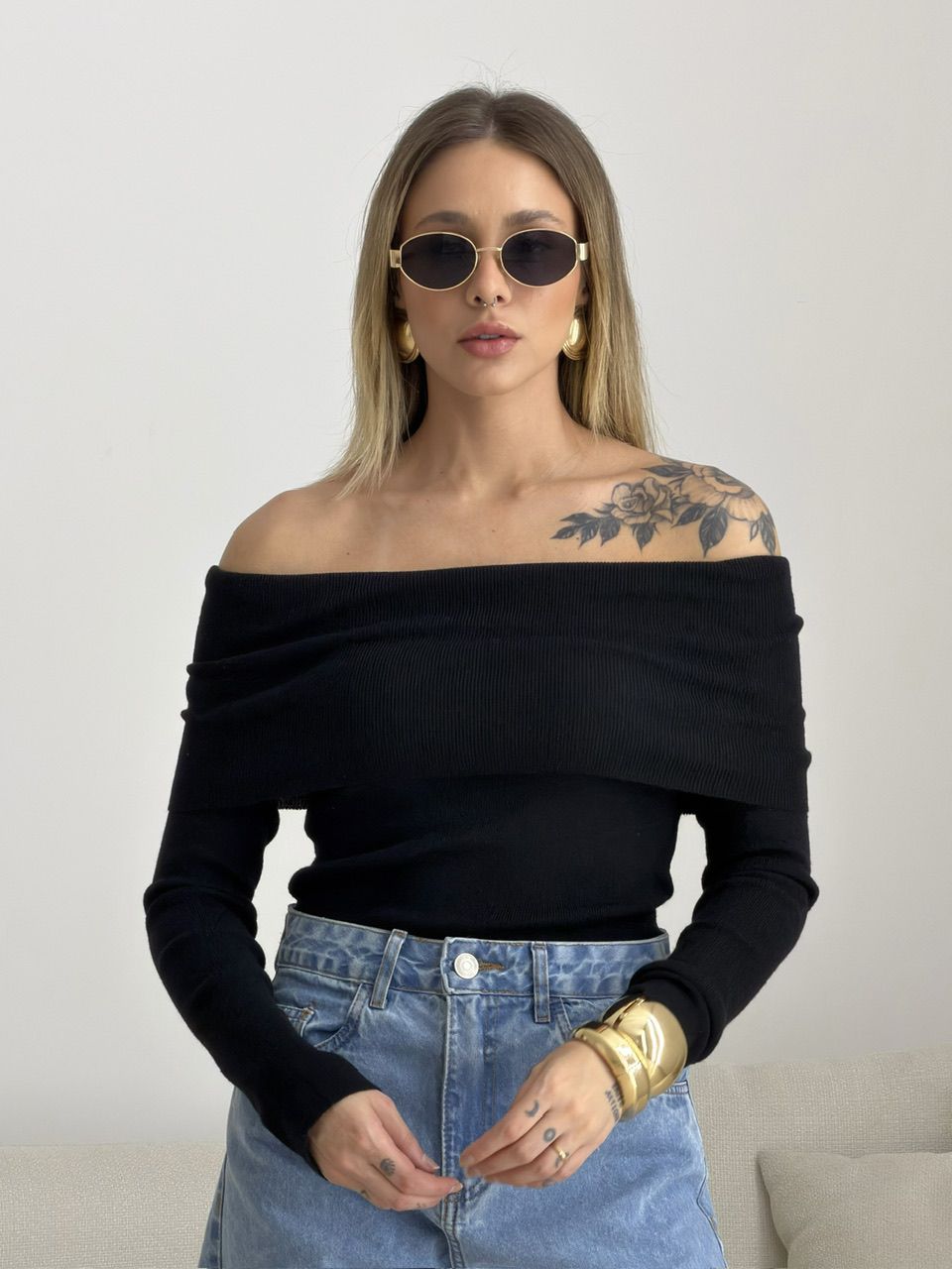 BLUSA ANA VITÓRIA OMBRO A OMBRO PRETA - 0076190033 - CAROLLA FERRARO