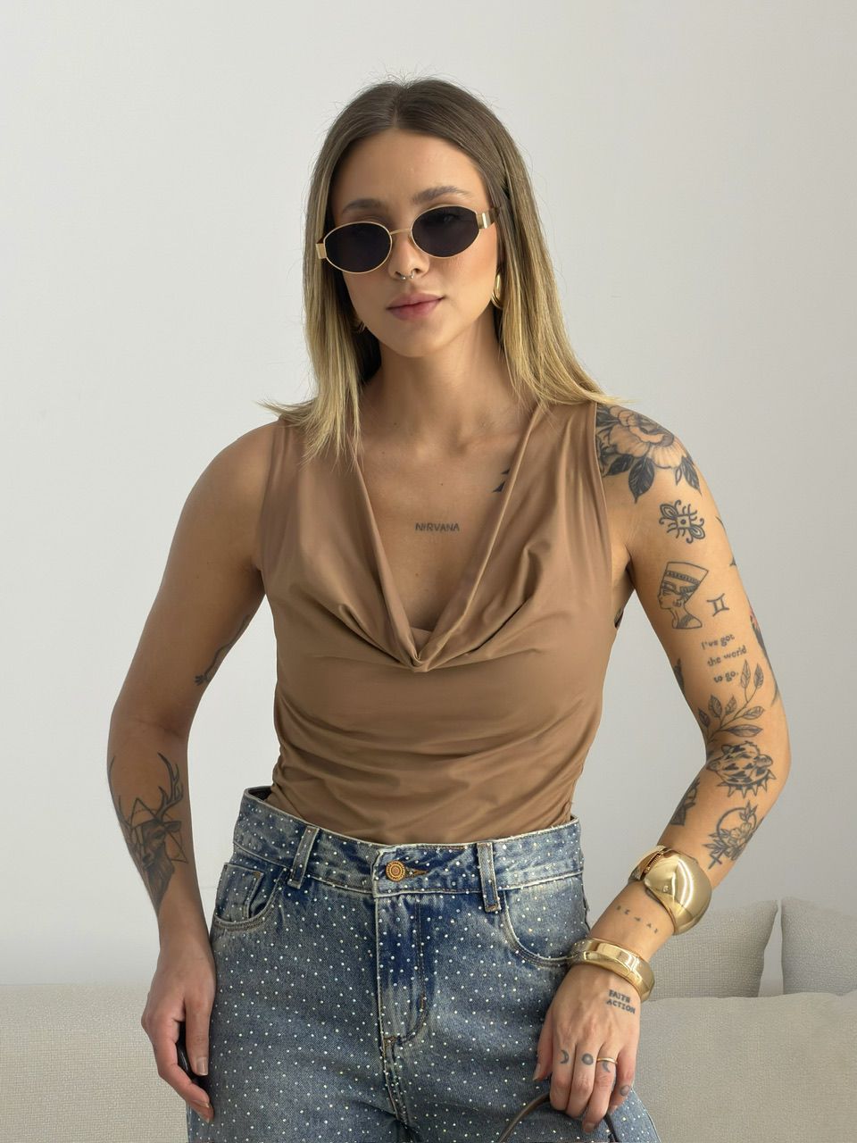 BLUSA BRENDA CAVADA NUDE - 0076180049 - CAROLLA FERRARO