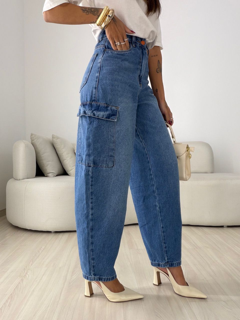 CALÇA CRISTINA CARGO JEANS MÉDIO