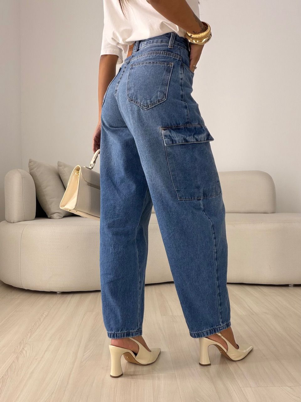 CALÇA CRISTINA CARGO JEANS MÉDIO