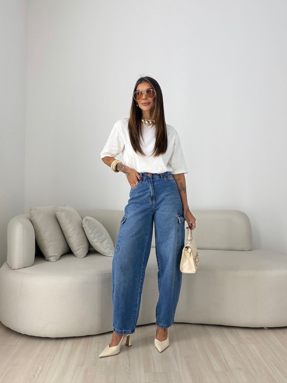 CALÇA CRISTINA CARGO JEANS MÉDIO