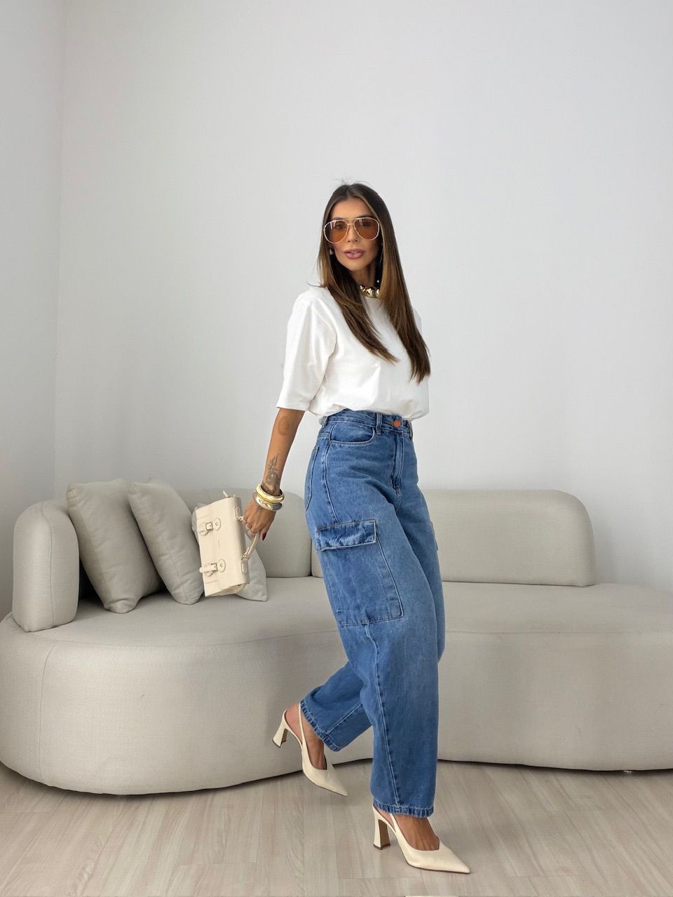 CALÇA CRISTINA CARGO JEANS MÉDIO
