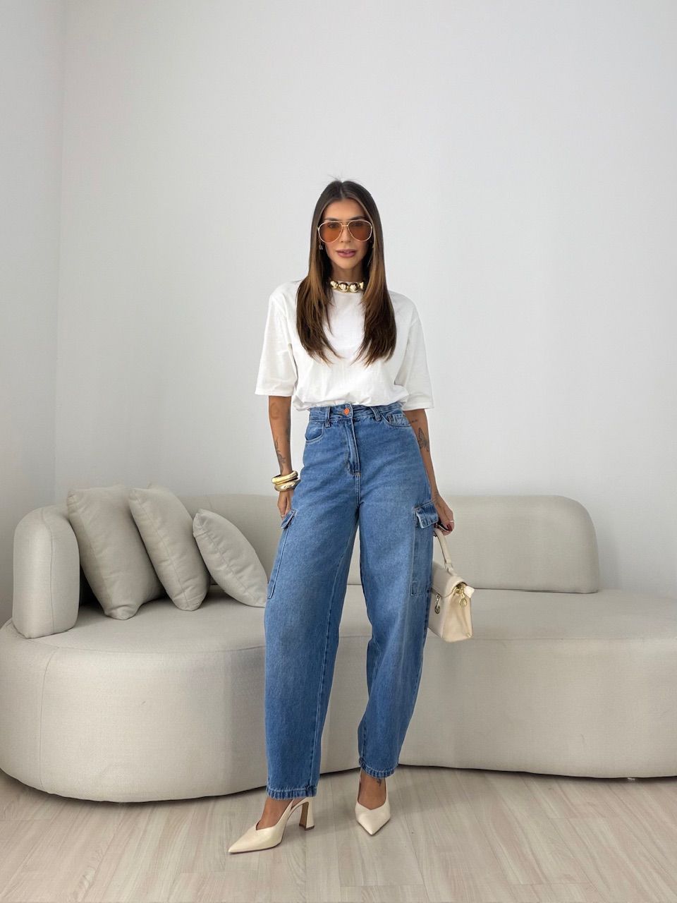 CALÇA CRISTINA CARGO JEANS MÉDIO
