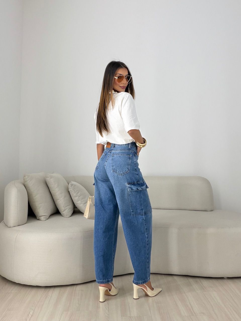 CALÇA CRISTINA CARGO JEANS MÉDIO