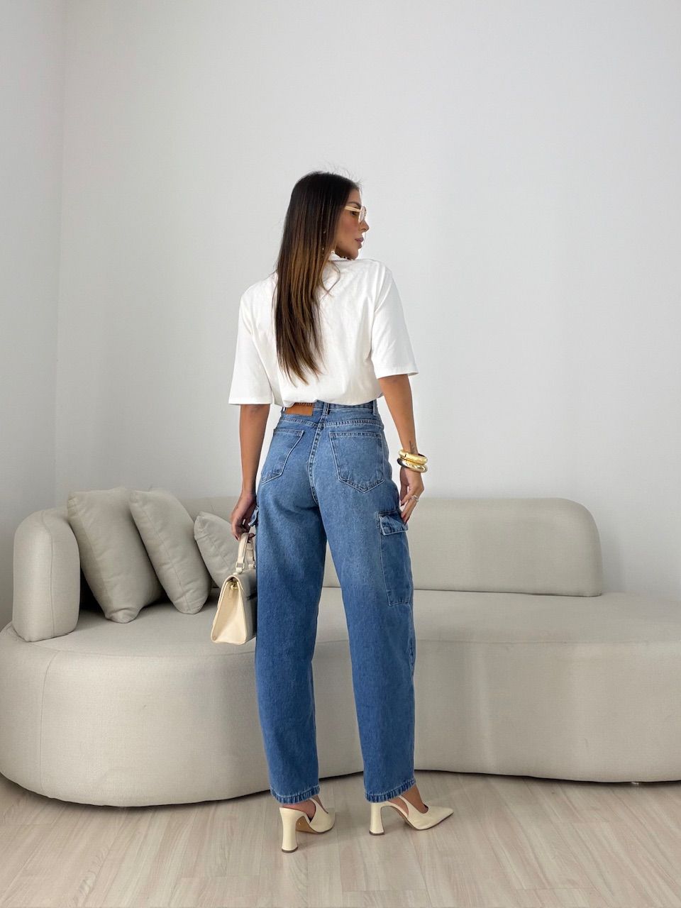 CALÇA CRISTINA CARGO JEANS MÉDIO
