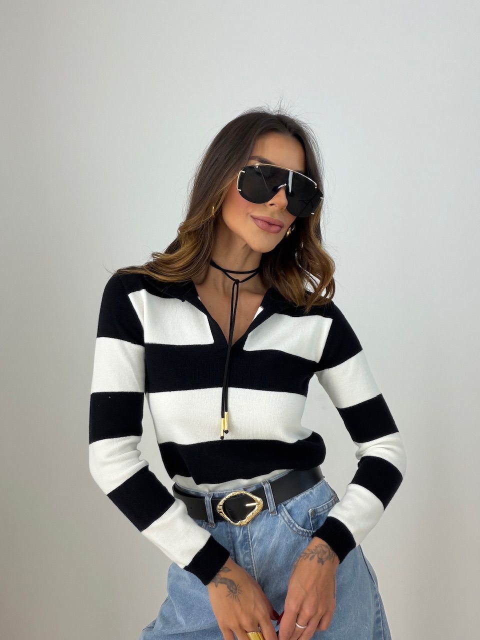 TRICOT MAFER LISTRAS BRANCO/PRETO
