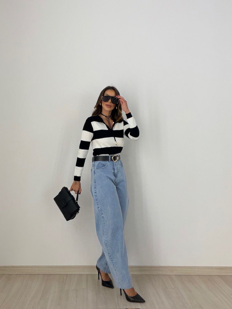TRICOT MAFER LISTRAS BRANCO/PRETO