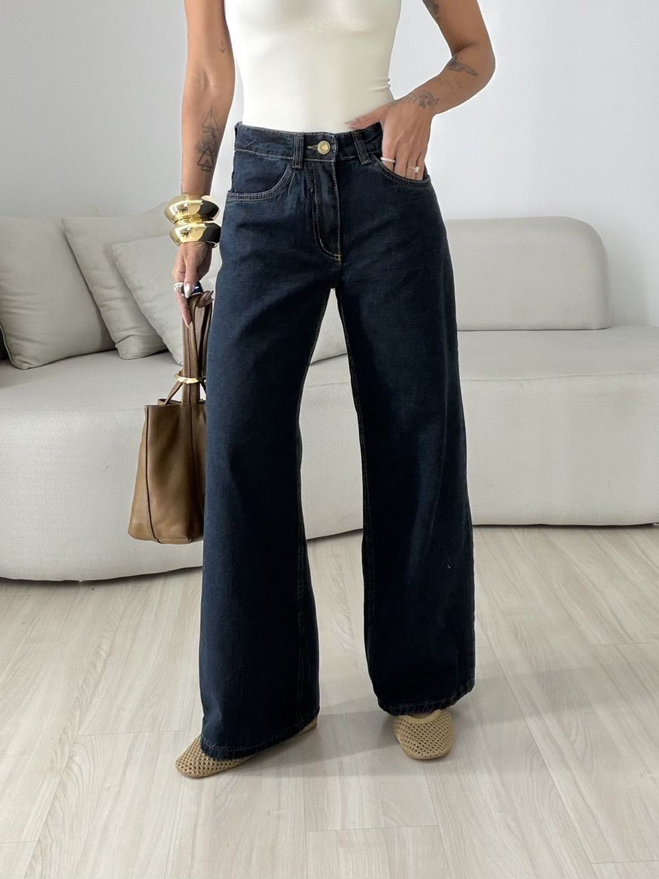CALÇA MADALENA WIDE LEG JEANS ESCURO - 0082010070 - CAROLLA FERRARO