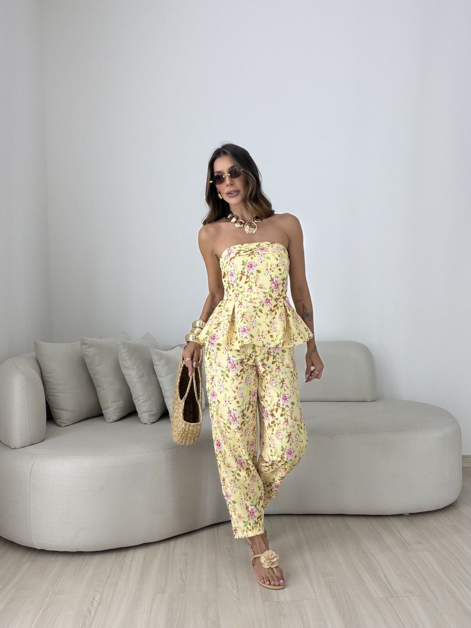 CONJUNTO SUSAN FLORAL AMARELO