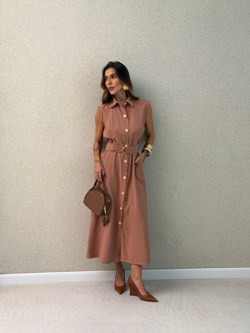 VESTIDO LIANA BOTÕES CAPUCCINO 