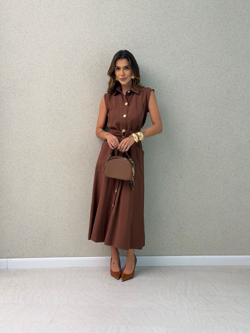 VESTIDO LIANA BOTÕES MARROM - 0073880054 - CAROLLA FERRARO