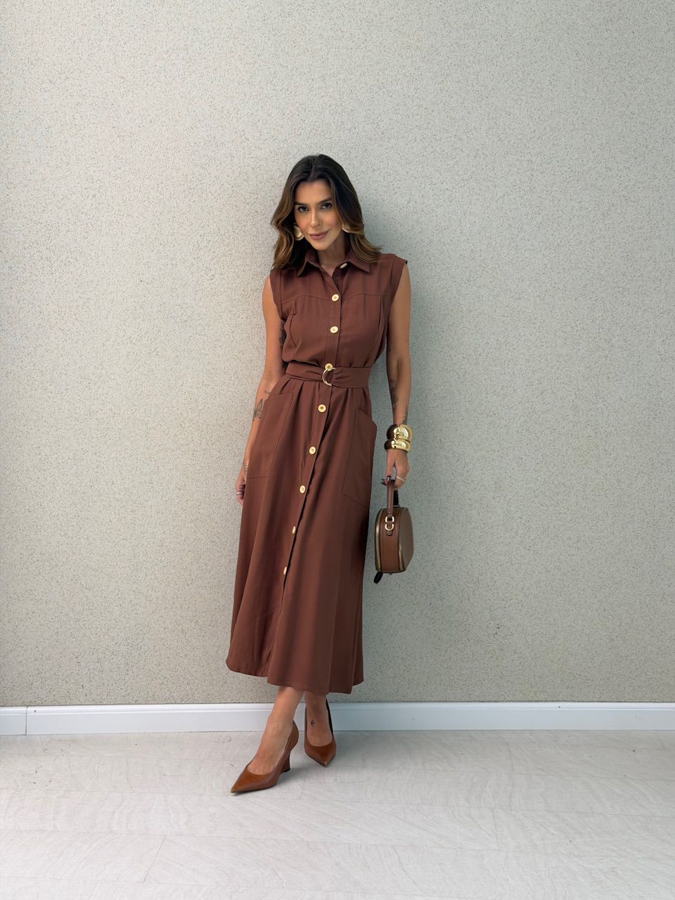 VESTIDO LIANA BOTÕES MARROM