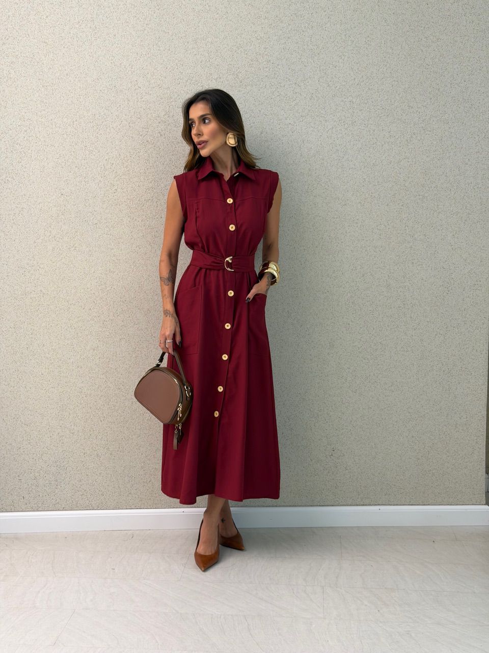 VESTIDO LIANA BOTÕES VINHO - 0073880168 - CAROLLA FERRARO