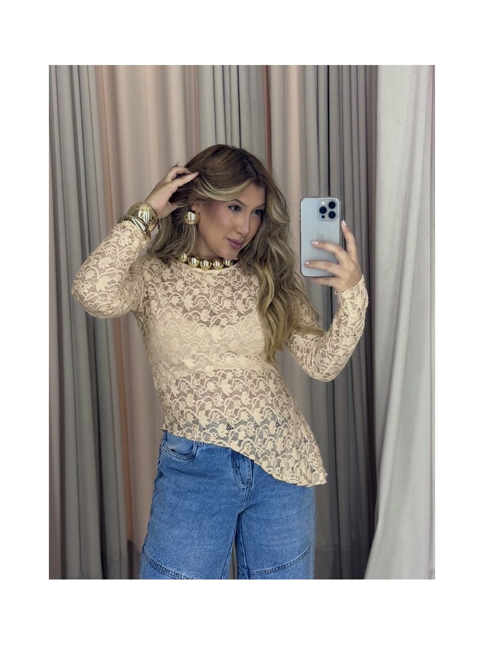 BLUSA JOANA RENDA AREIA - 0076250110 - CAROLLA FERRARO