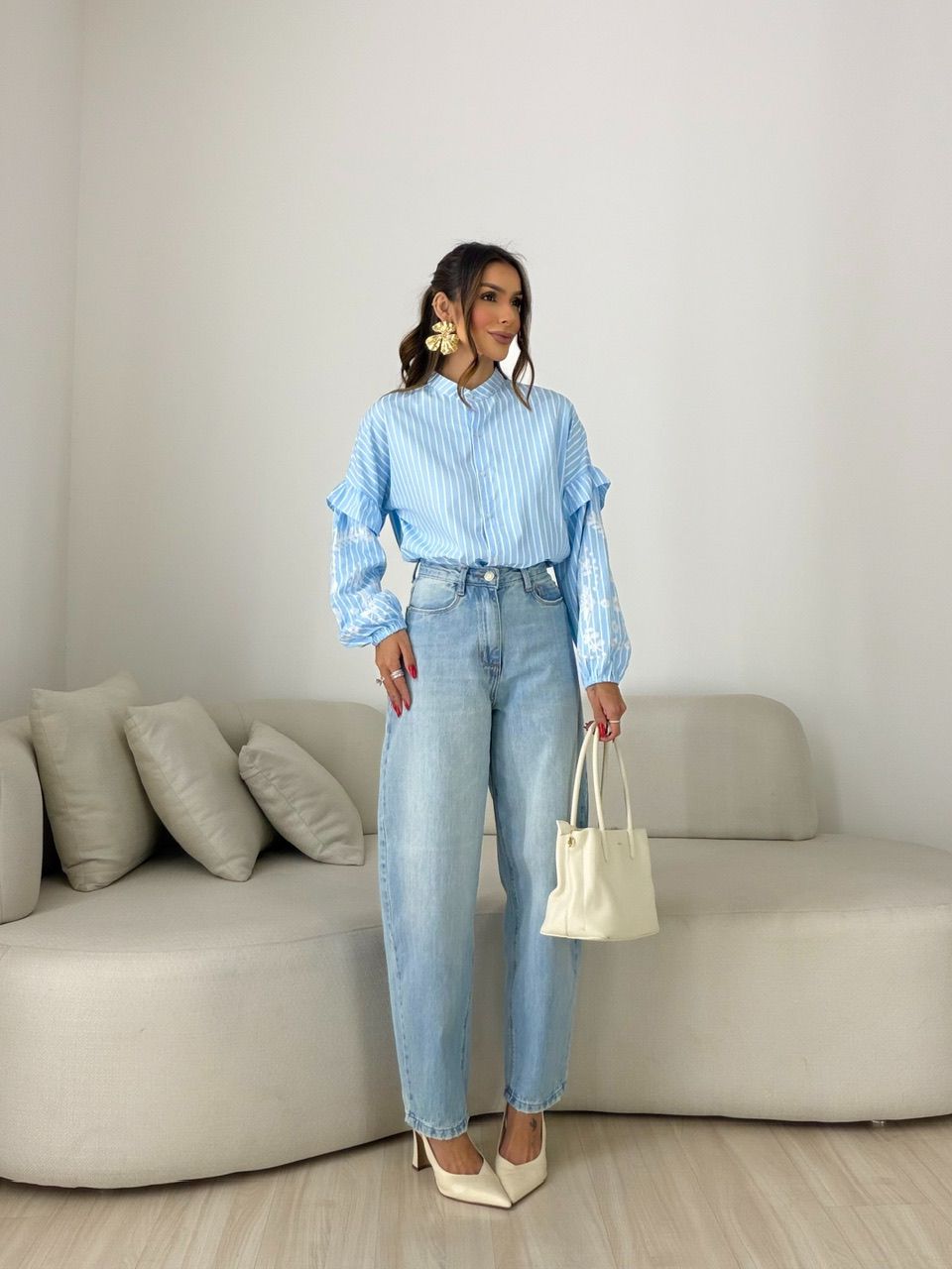 CAMISA BETTY BORDADA LISTRAS AZUL