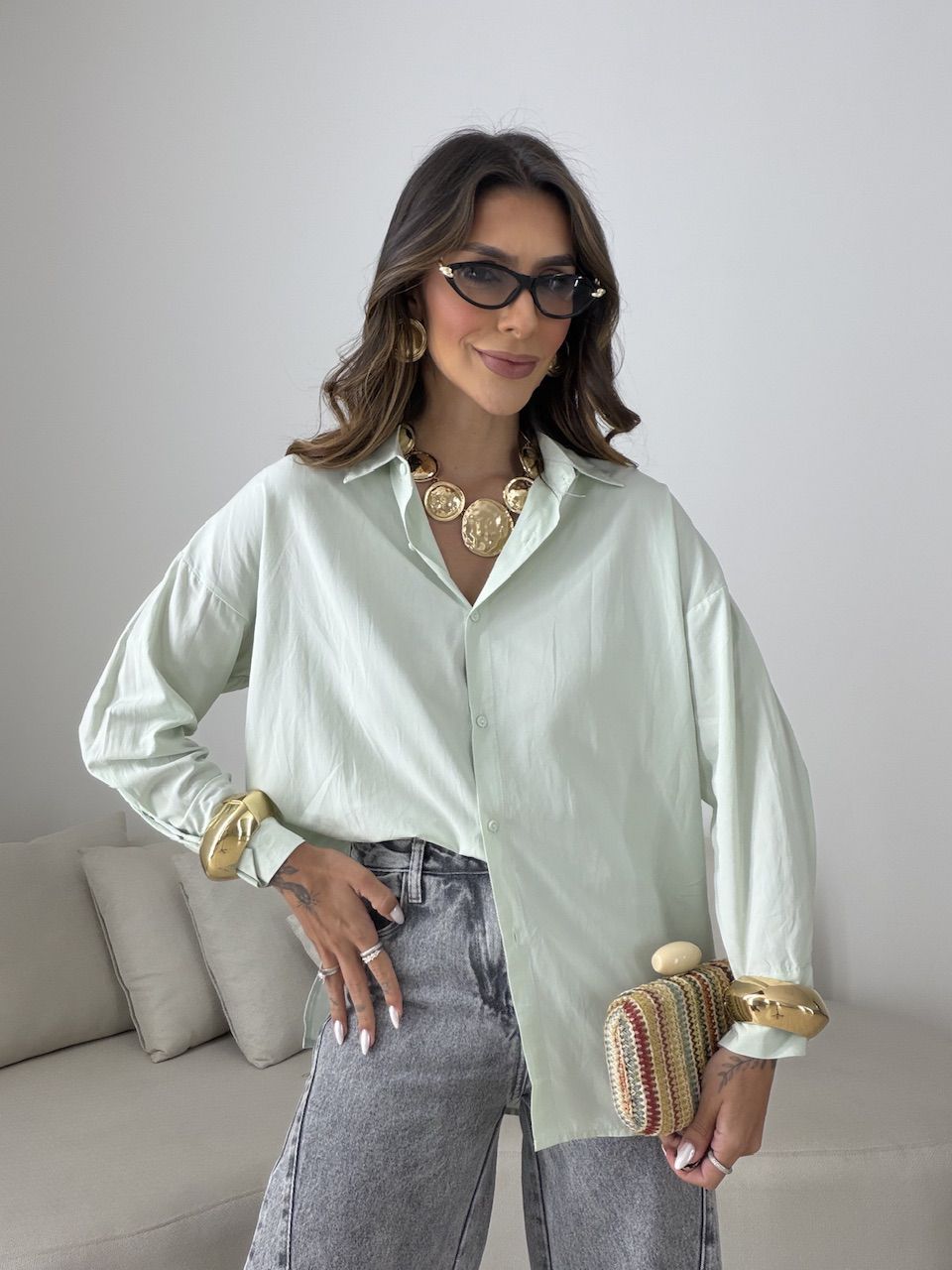 CAMISA ELOÁ OVER MENTA - 0080840196 - CAROLLA FERRARO