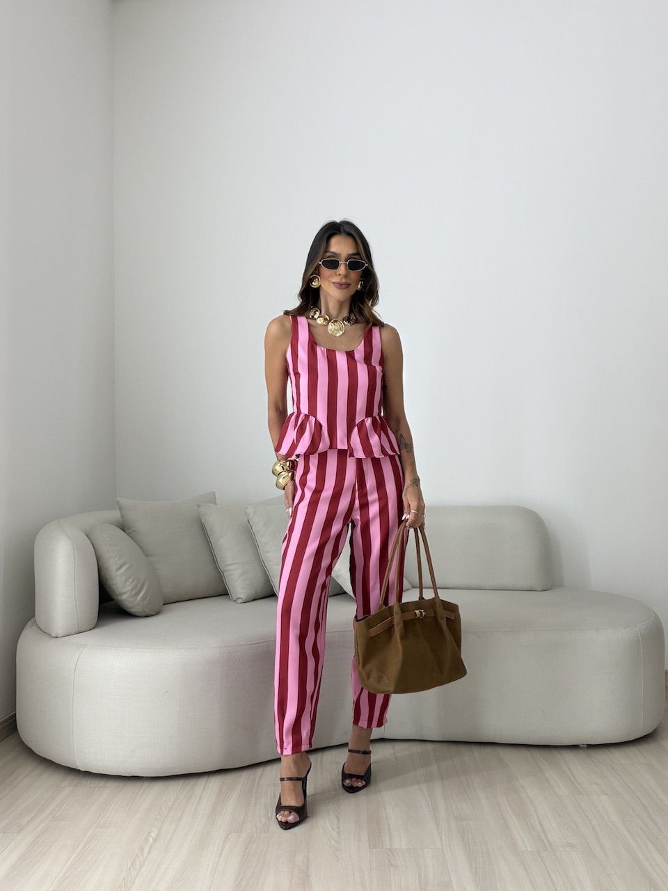 CONJUNTO GABRIELY LISTRADO VERMELHO/ROSA