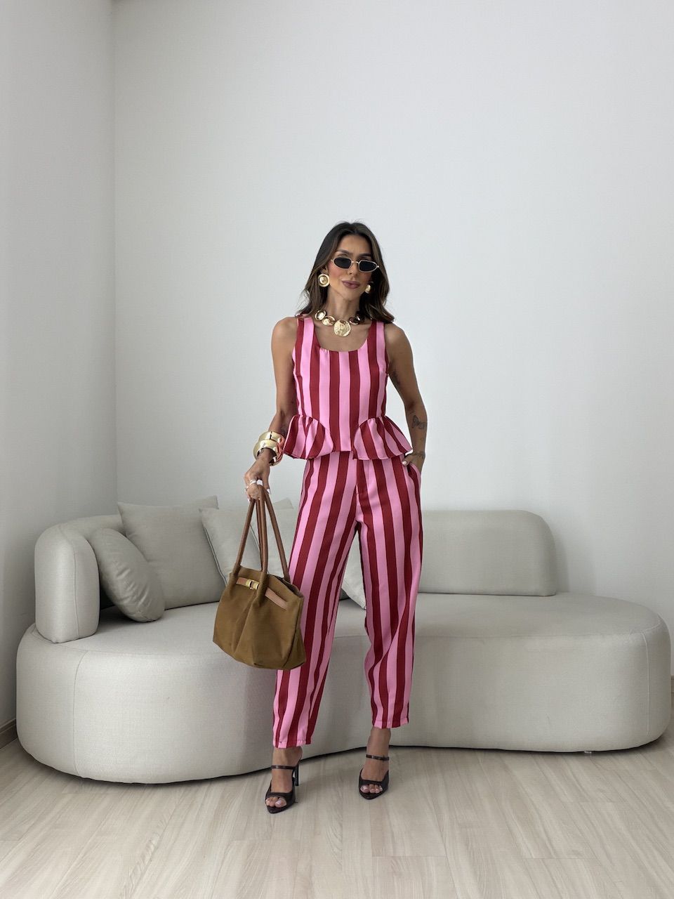 CONJUNTO GABRIELY LISTRADO VERMELHO/ROSA