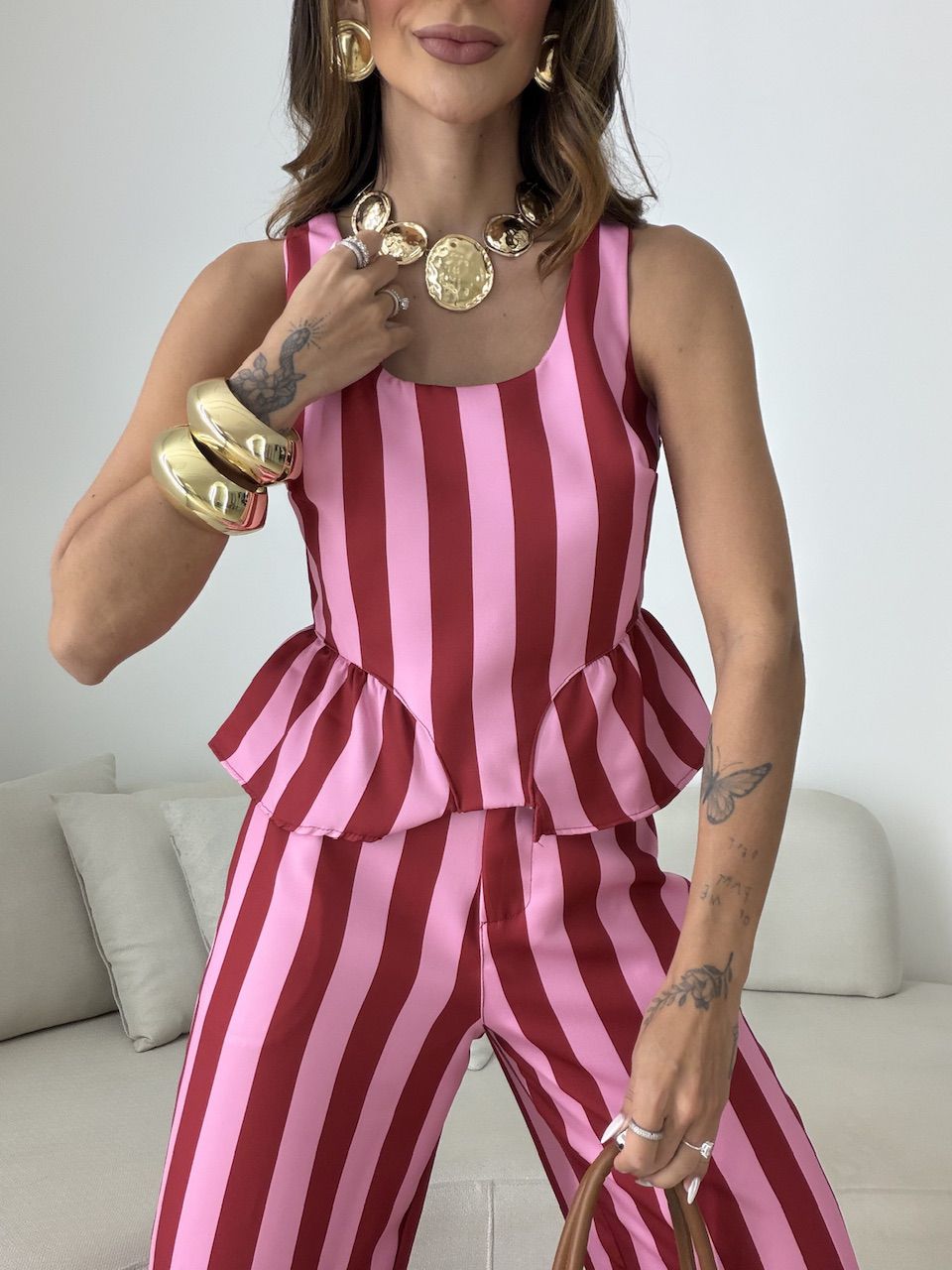 CONJUNTO GABRIELY LISTRADO VERMELHO/ROSA