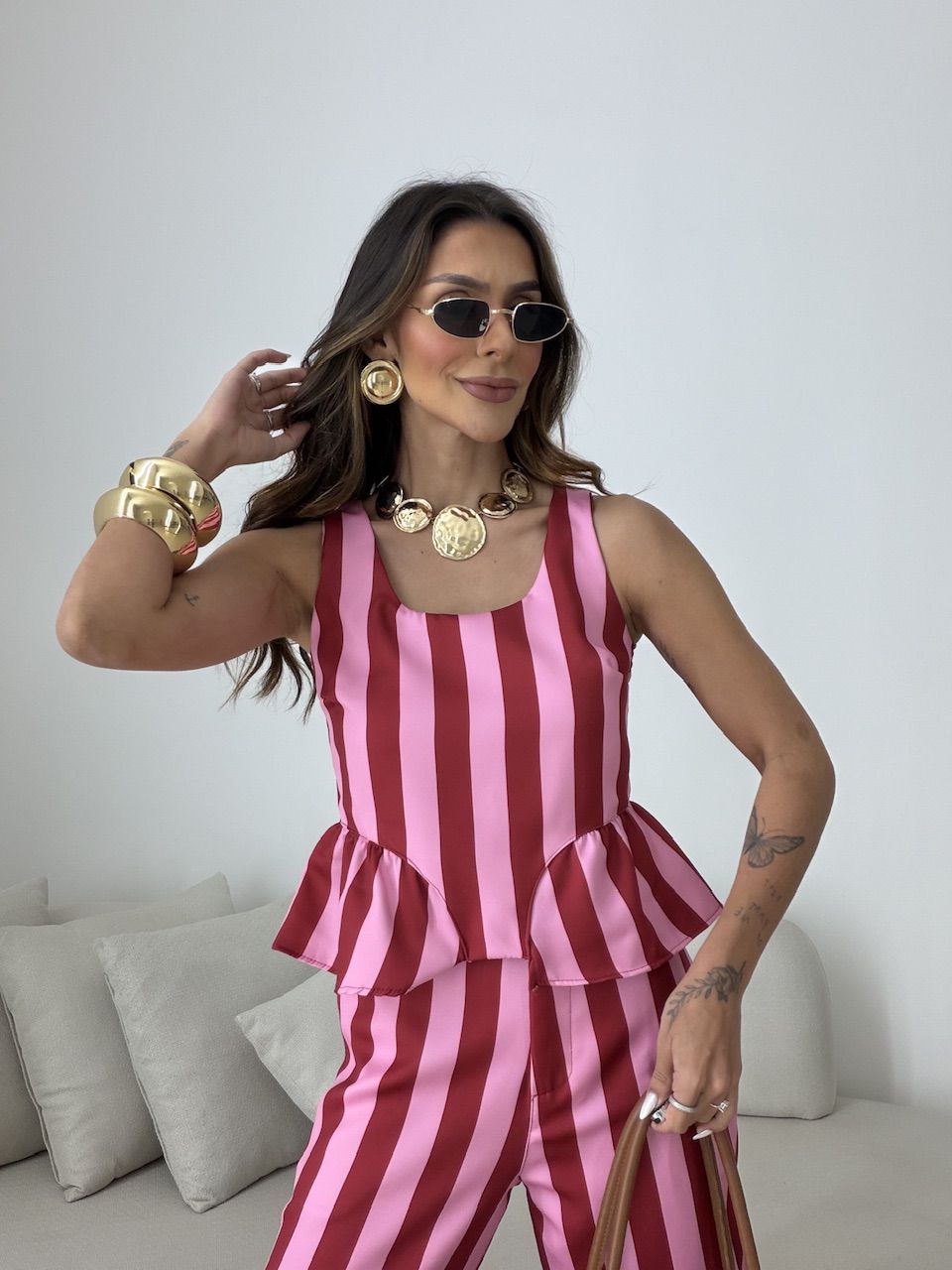 CONJUNTO GABRIELY LISTRADO VERMELHO/ROSA
