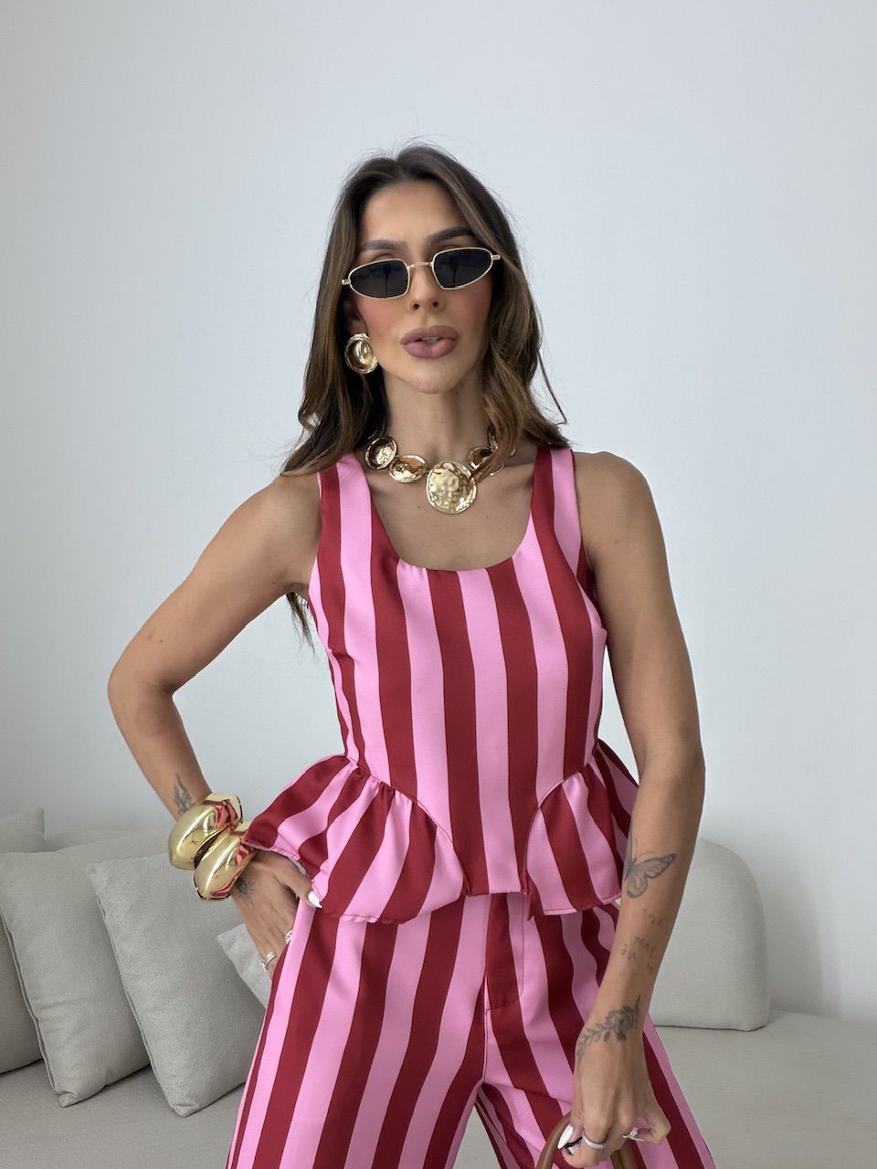 CONJUNTO GABRIELY LISTRADO VERMELHO/ROSA