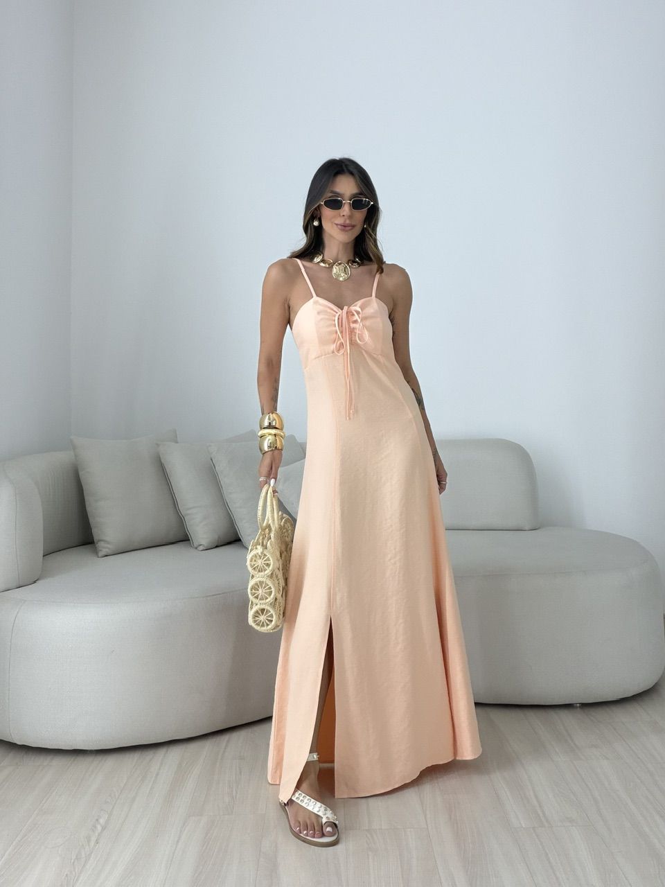 VESTIDO MARIA ALICE FENDA PÊSSEGO - 0080810039 - CAROLLA FERRARO
