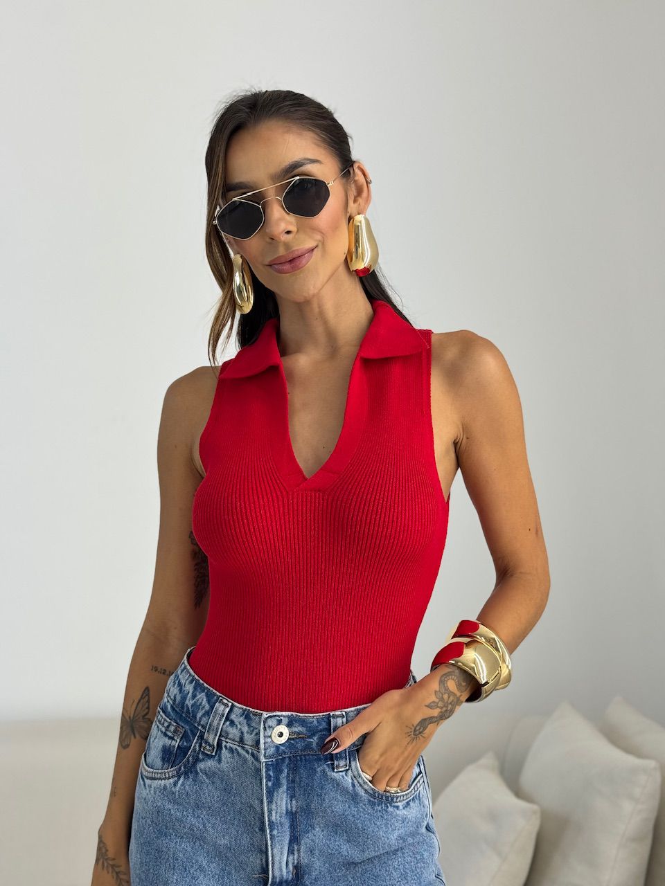 BLUSA GABRIELA GOLA VERMELHA - 0072190007 - CAROLLA FERRARO