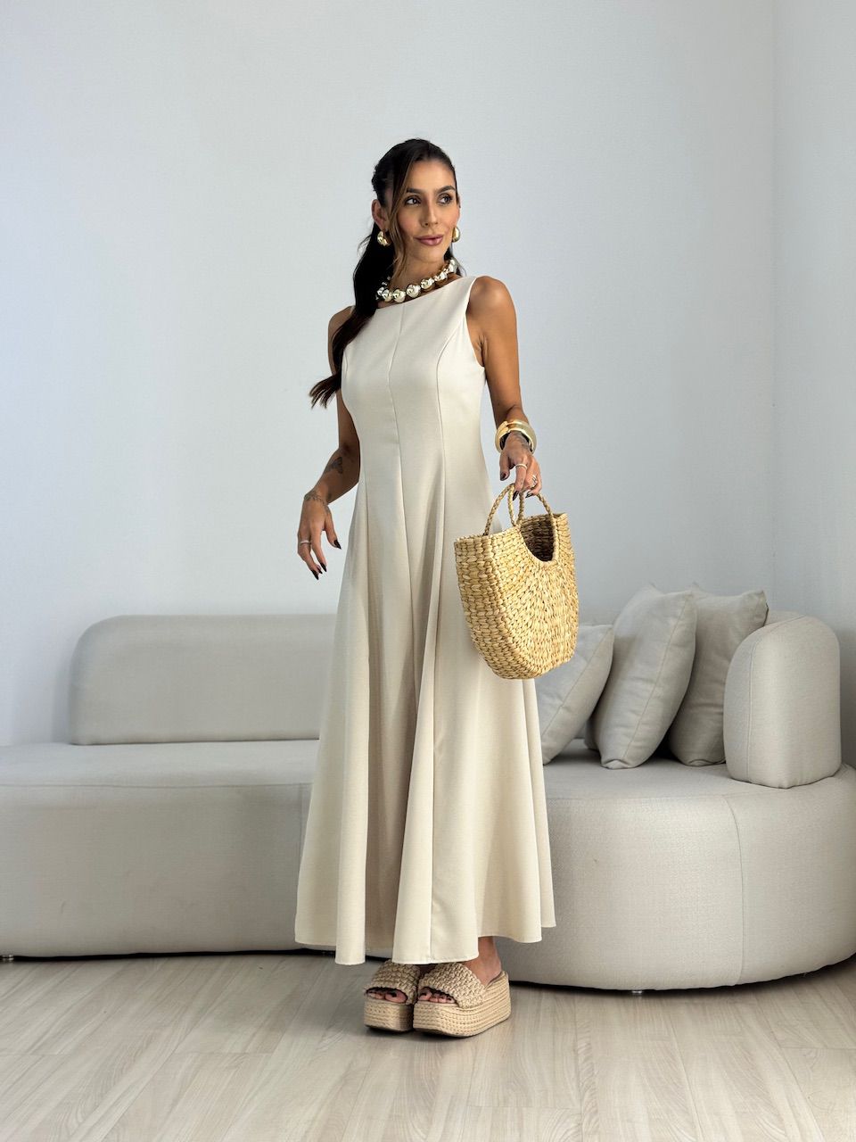 VESTIDO BEATRIZ LONGO AREIA
