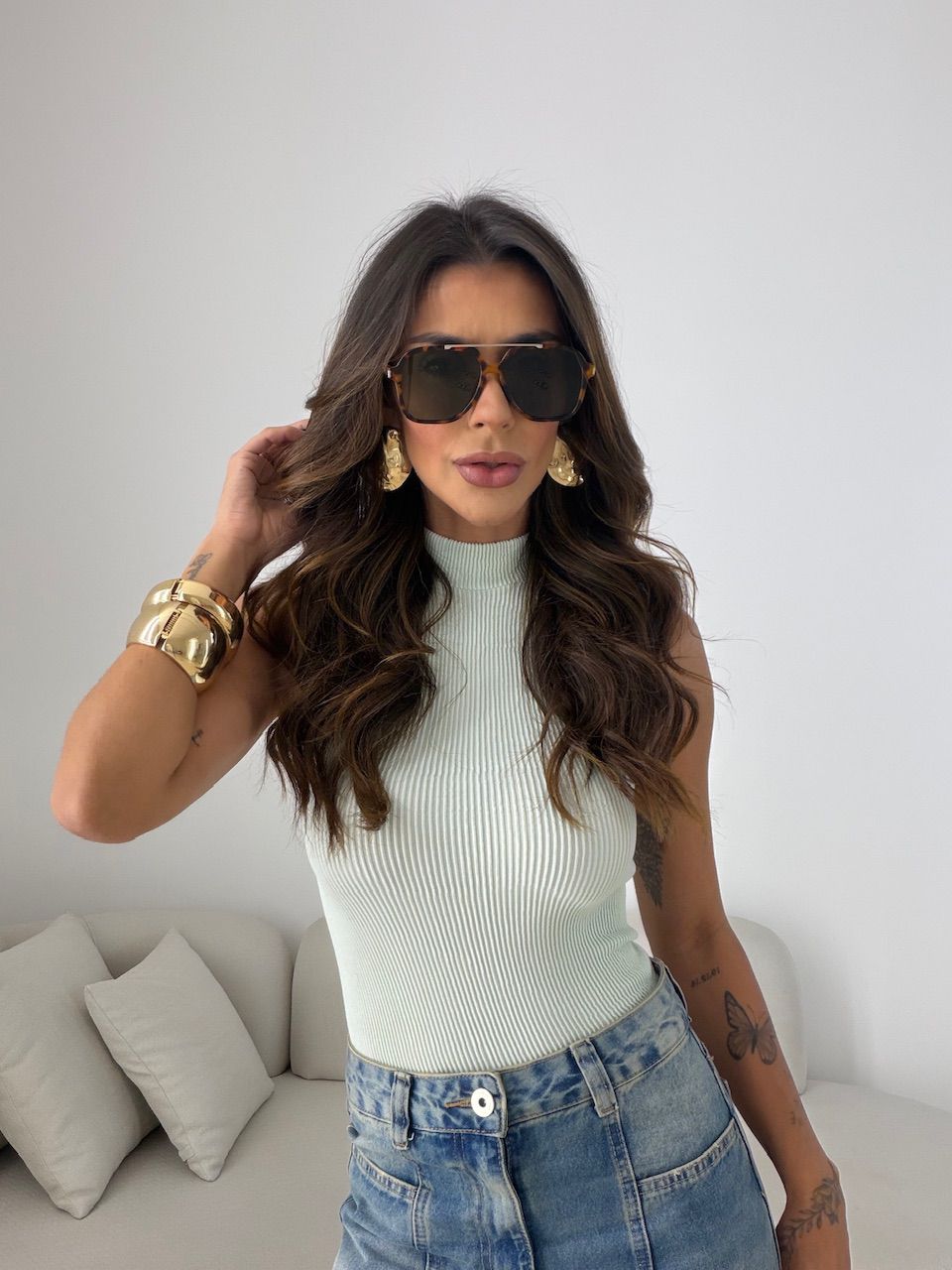 BLUSA LÍGIA CAVADA MENTA - 0077280196 - CAROLLA FERRARO