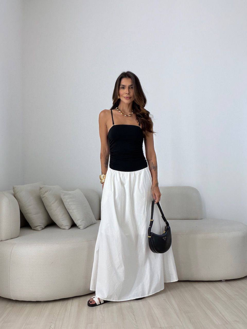 VESTIDO FLORENÇA ALCINHA PRETO/OFF